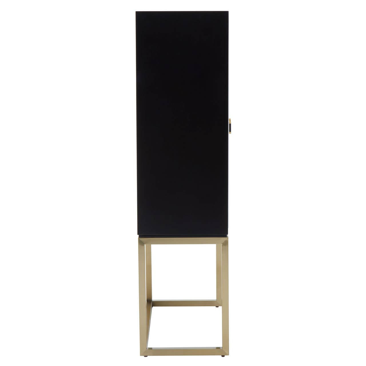 Tall two-door cabinet featuring a sleek black finish with a minimalist design, supported by a light wooden base. The cabinet has a simple handle and a clean, modern aesthetic suitable for various home decor styles