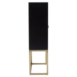 Tall two-door cabinet featuring a sleek black finish with a minimalist design, supported by a light wooden base. The cabinet has a simple handle and a clean, modern aesthetic suitable for various home decor styles