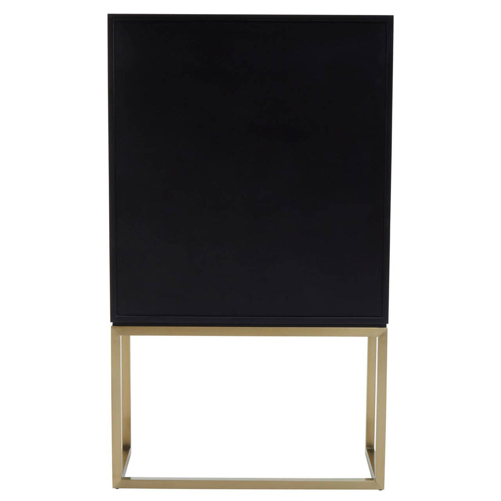 A sleek black cabinet with two doors, featuring a minimalist design and a gold metal base, suitable for modern home decor