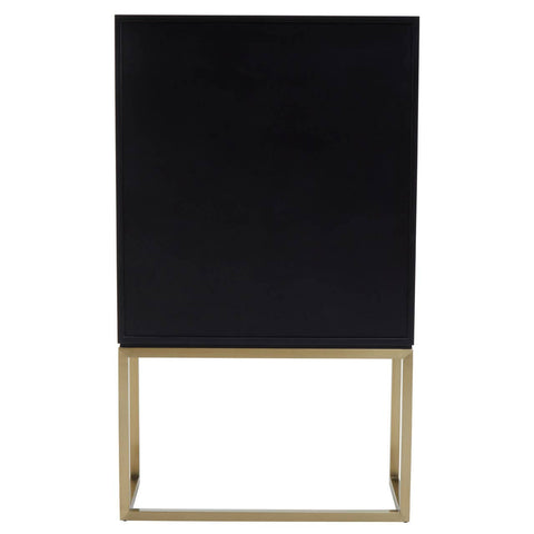 A sleek black cabinet with two doors, featuring a minimalist design and a gold metal base, suitable for modern home decor