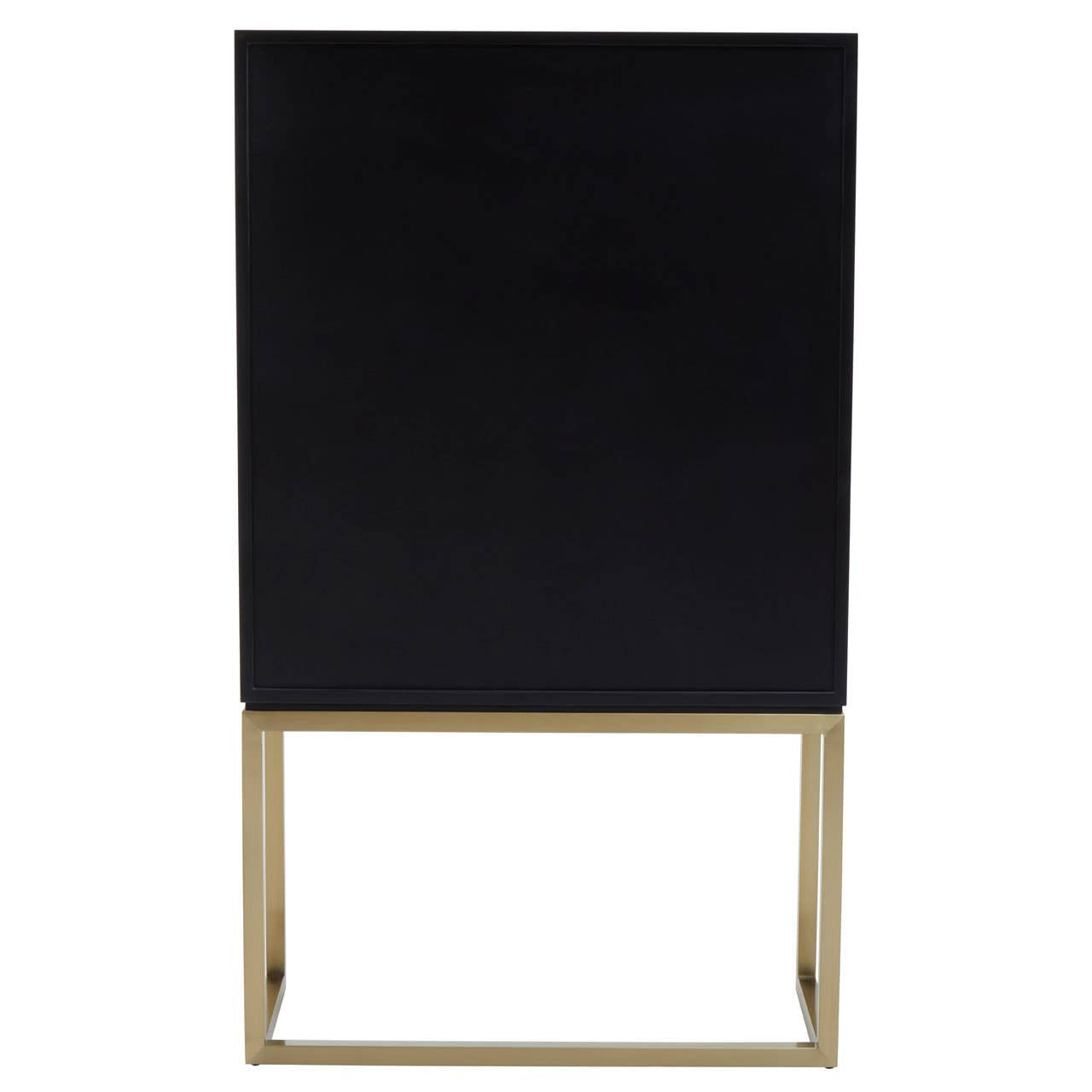 A sleek black cabinet with two doors, featuring a minimalist design and a gold metal base, suitable for modern home decor