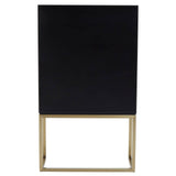 A sleek black cabinet with two doors, featuring a minimalist design and a gold metal base, suitable for modern home decor