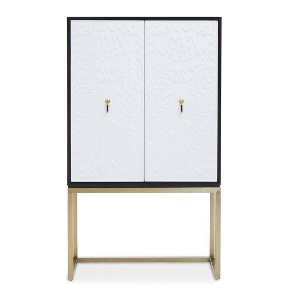 A two-door cabinet featuring a sleek black frame and white doors, complemented by gold handles and a minimalist design. The cabinet stands on slender gold legs, creating a modern and stylish look suitable for home decor