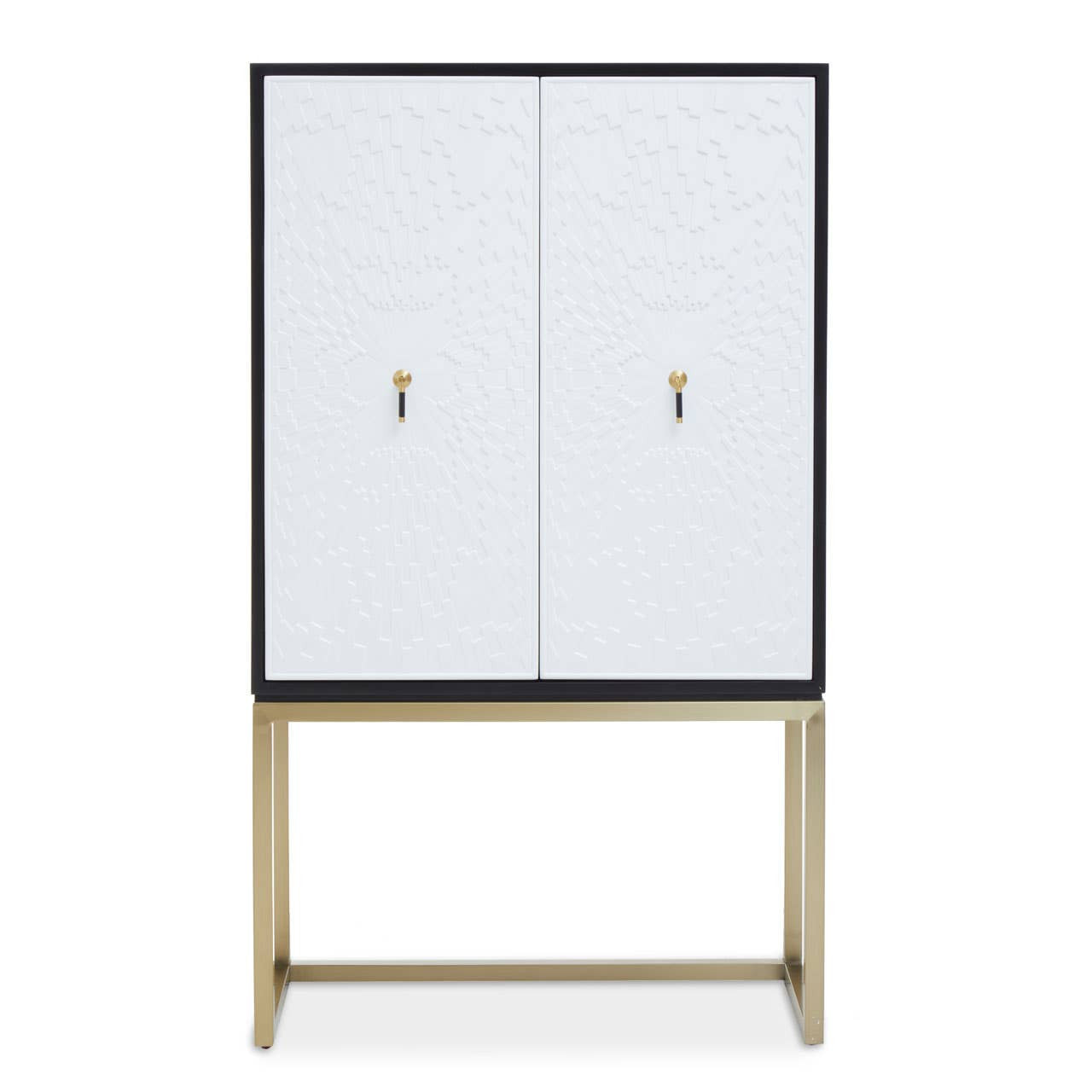 A two-door cabinet featuring a sleek black frame and white doors, complemented by gold handles and a minimalist design. The cabinet stands on slender gold legs, creating a modern and stylish look suitable for home decor