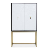 A two-door cabinet featuring a sleek black frame and white doors, complemented by gold handles and a minimalist design. The cabinet stands on slender gold legs, creating a modern and stylish look suitable for home decor