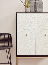 Dumas Black and White Two Door Cabinet featuring a textured white front with two round gold knobs, set against a black frame and supported by light wooden legs, alongside a modern black metal stool and a small potted plant on top