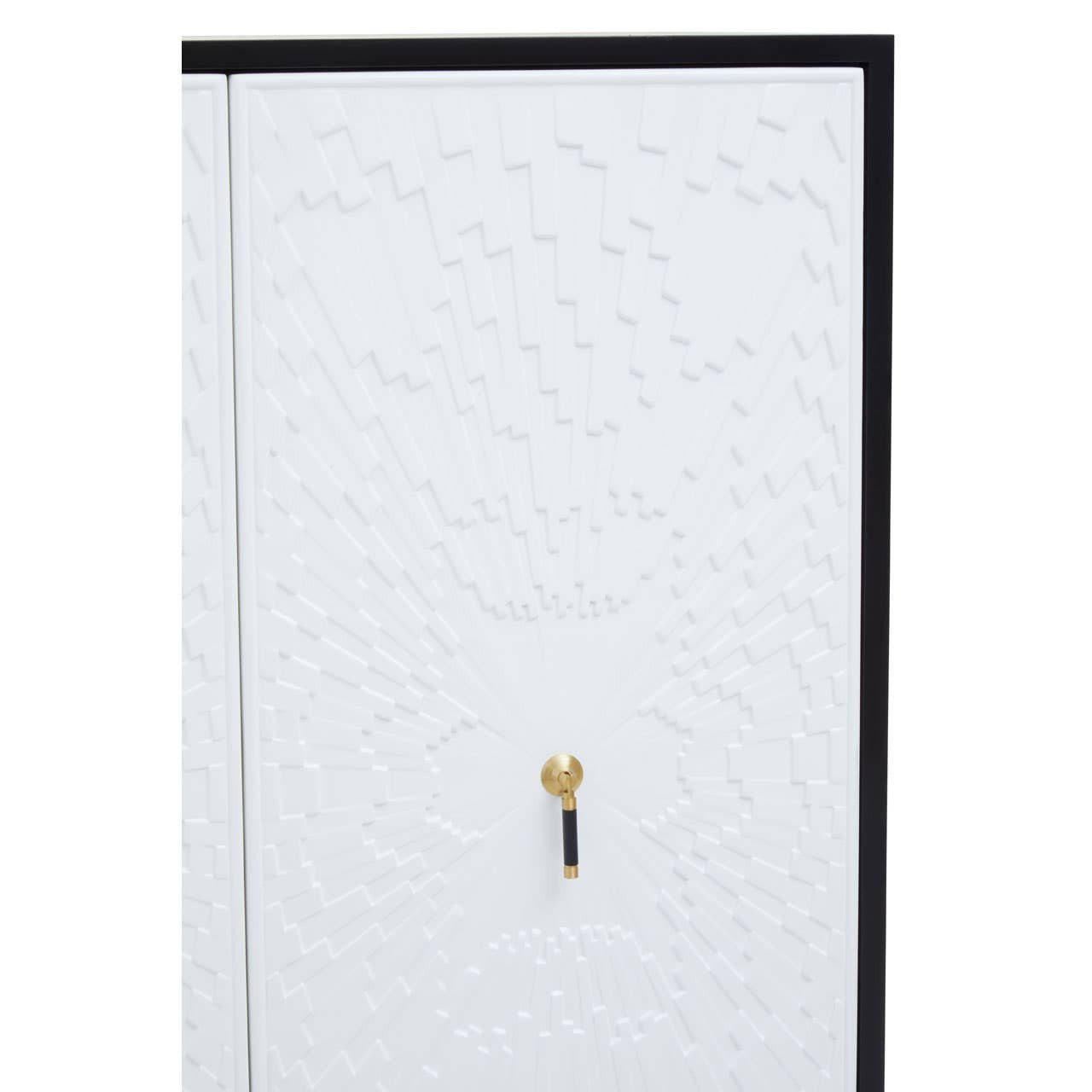 A close-up view of the Dumas Black and White Two Door Cabinet featuring a textured white door with a black frame and a gold handle. The cabinet has a modern design, emphasizing its sleek lines and contrasting colors