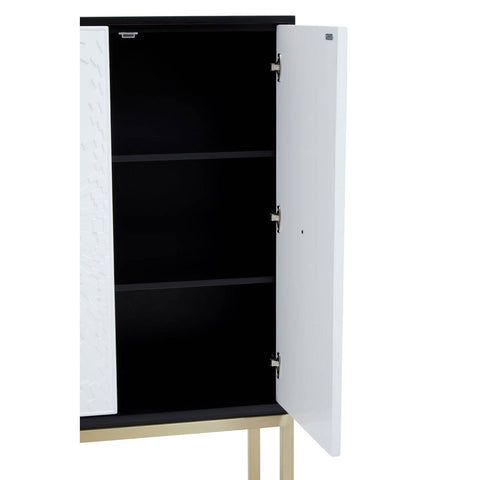 A two-door cabinet featuring a sleek black interior and contrasting white doors, showcasing three spacious shelves inside. The cabinet is supported by slender legs, adding a modern touch to the design