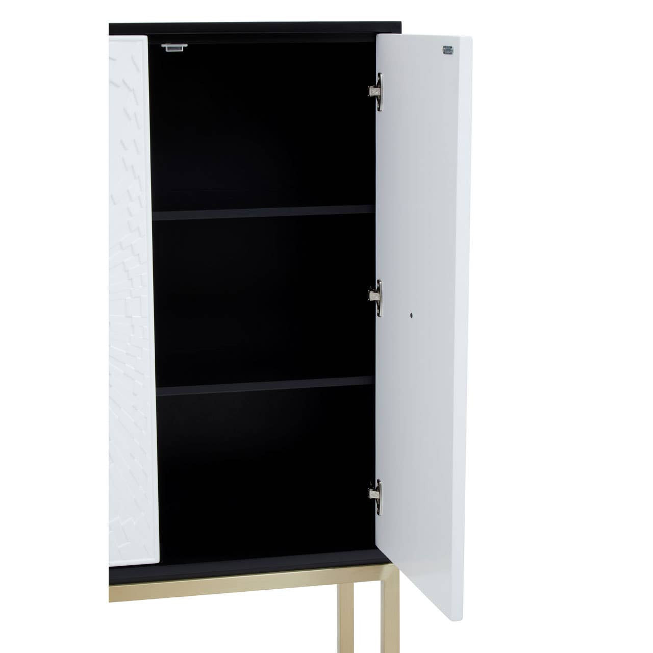A two-door cabinet featuring a sleek black interior and contrasting white doors, showcasing three spacious shelves inside. The cabinet is supported by slender legs, adding a modern touch to the design