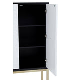 A two-door cabinet featuring a sleek black interior and contrasting white doors, showcasing three spacious shelves inside. The cabinet is supported by slender legs, adding a modern touch to the design