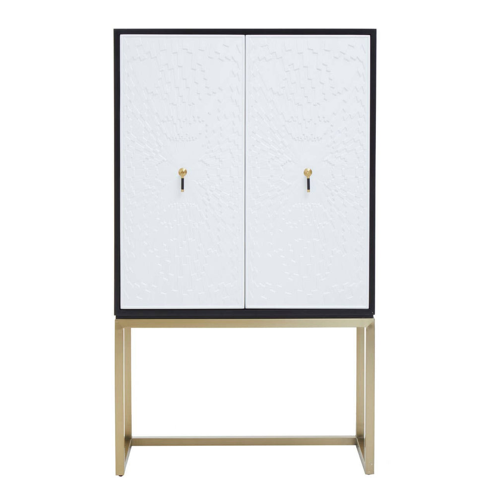 A two-door cabinet featuring a sleek black frame and white doors, with gold handles. The cabinet stands on slender gold legs, providing a modern and stylish look suitable for home decor