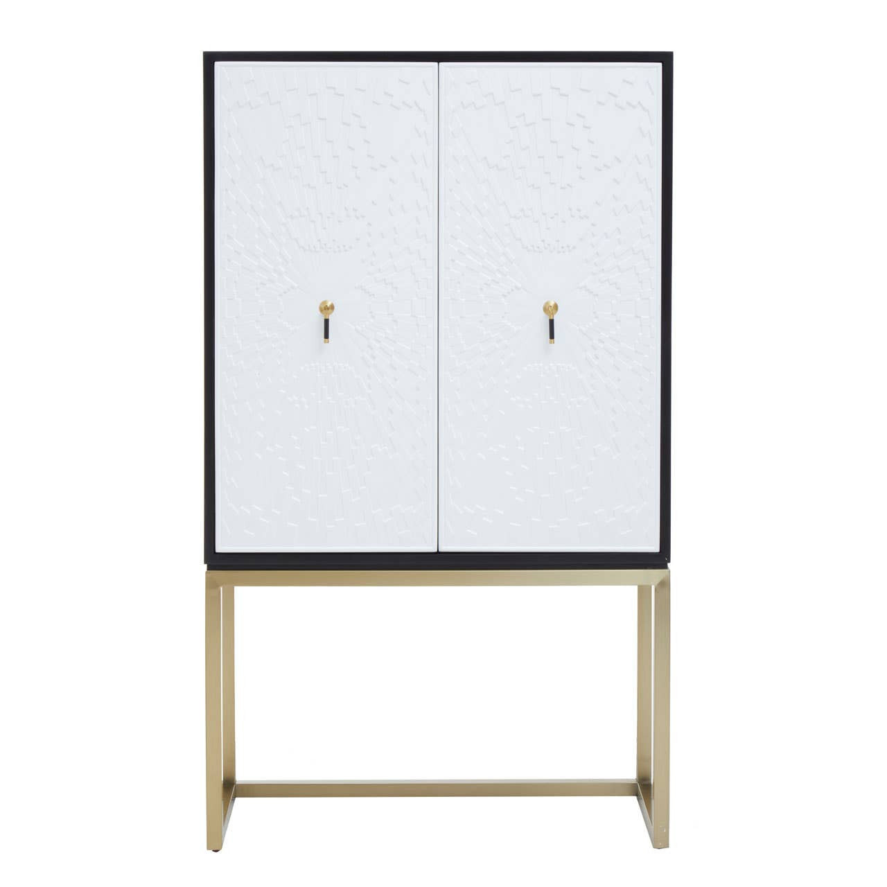 A two-door cabinet featuring a sleek black frame and white doors, with gold handles. The cabinet stands on slender gold legs, providing a modern and stylish look suitable for home decor