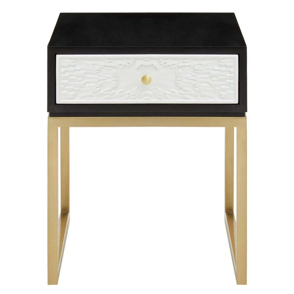 Modern side table with black top, white textured drawer and gold metal legs