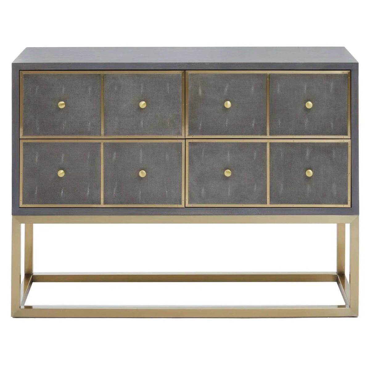 Modern sideboard with six grey drawers and gold frame on open rectangular metal base