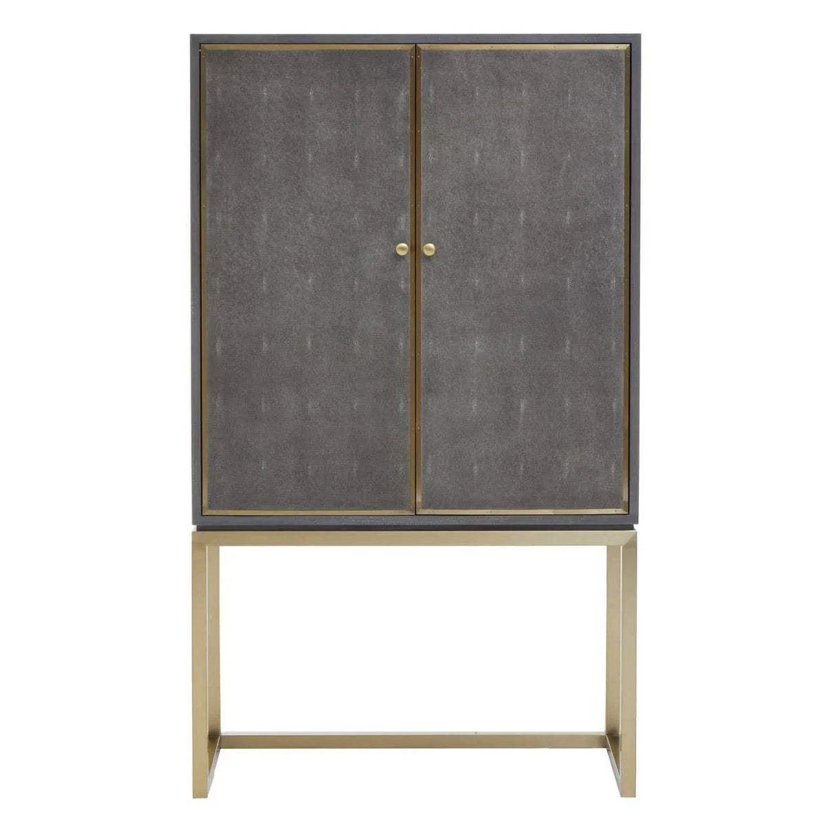 Grey cabinet with gold frame and legs, two doors, modern furniture front view