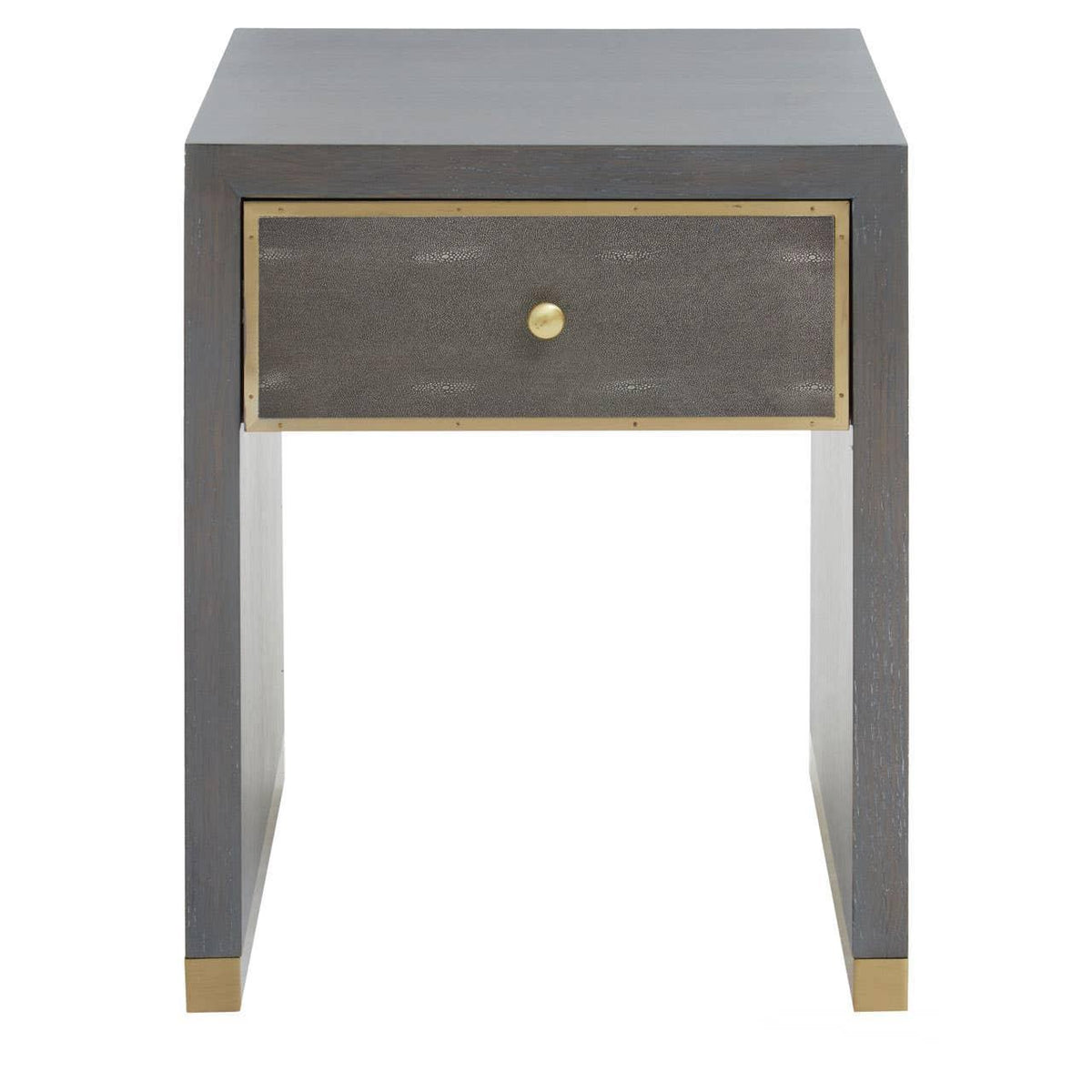 Modern bedside table with grey wood finish, single drawer and brass knob detail