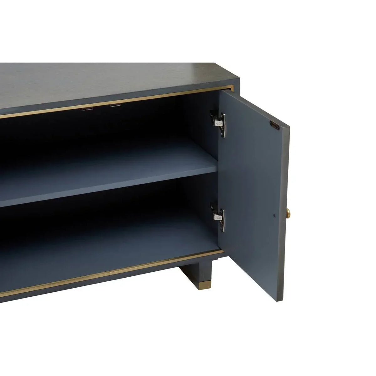 Blue sideboard cabinet with open door, interior shelves, and gold trim accents