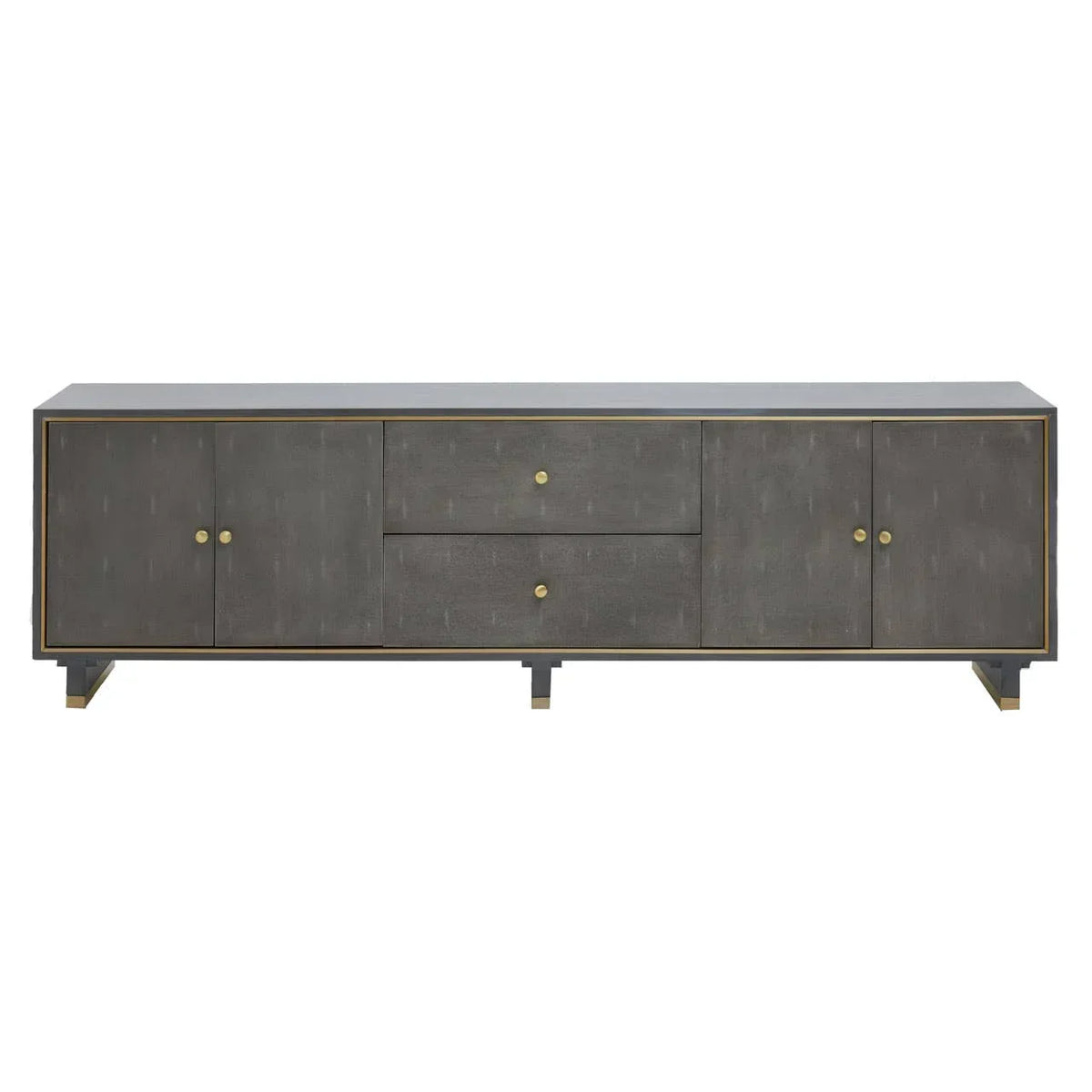 Grey wooden sideboard with gold handles, two drawers and four doors front view