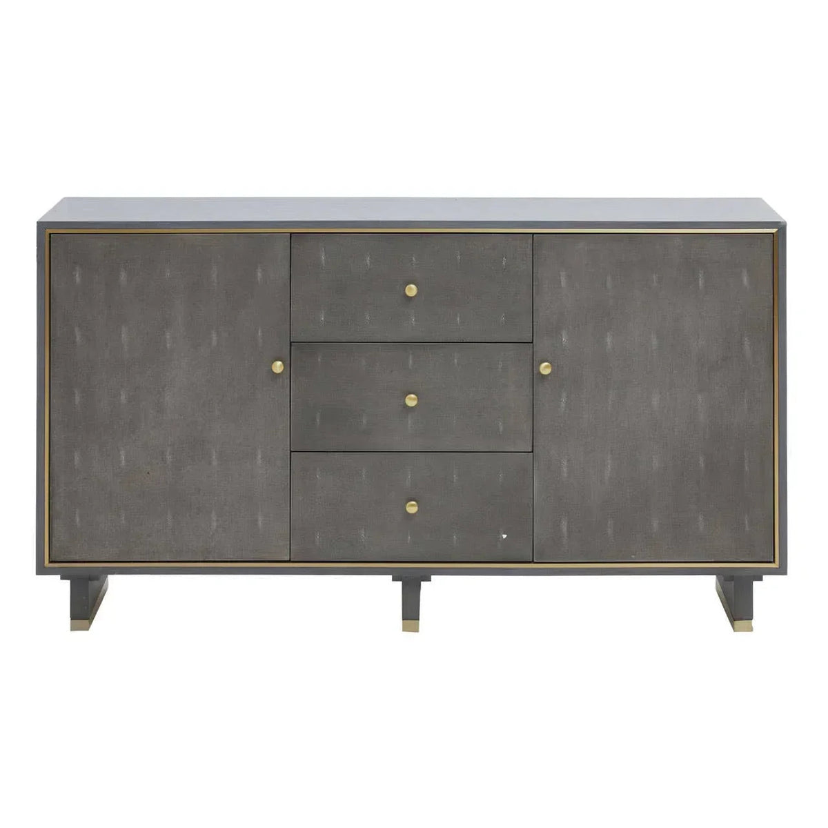 Grey textured sideboard with two doors, three central drawers, gold trim and knobs, tapered legs