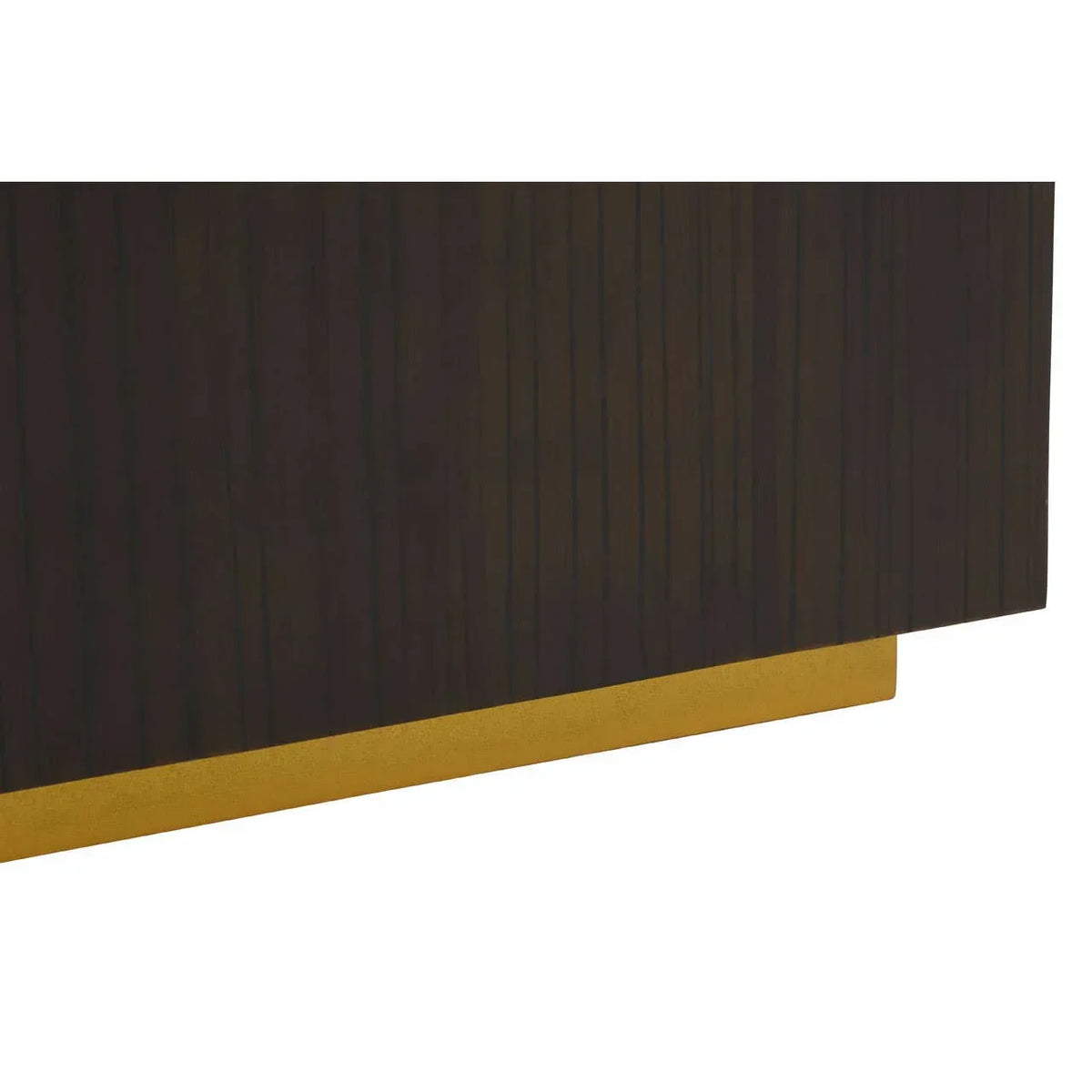 Closeup of wood furniture base with vertical grain and gold metal plinth