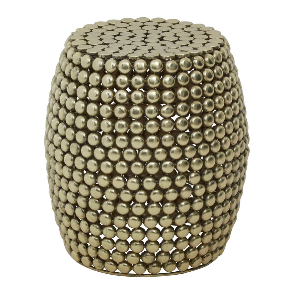Gold finish stool and side table with a textured surface featuring a pattern of small, raised dots, creating a decorative and modern look. The piece has a cylindrical shape and is suitable for use as both a stool and a side table