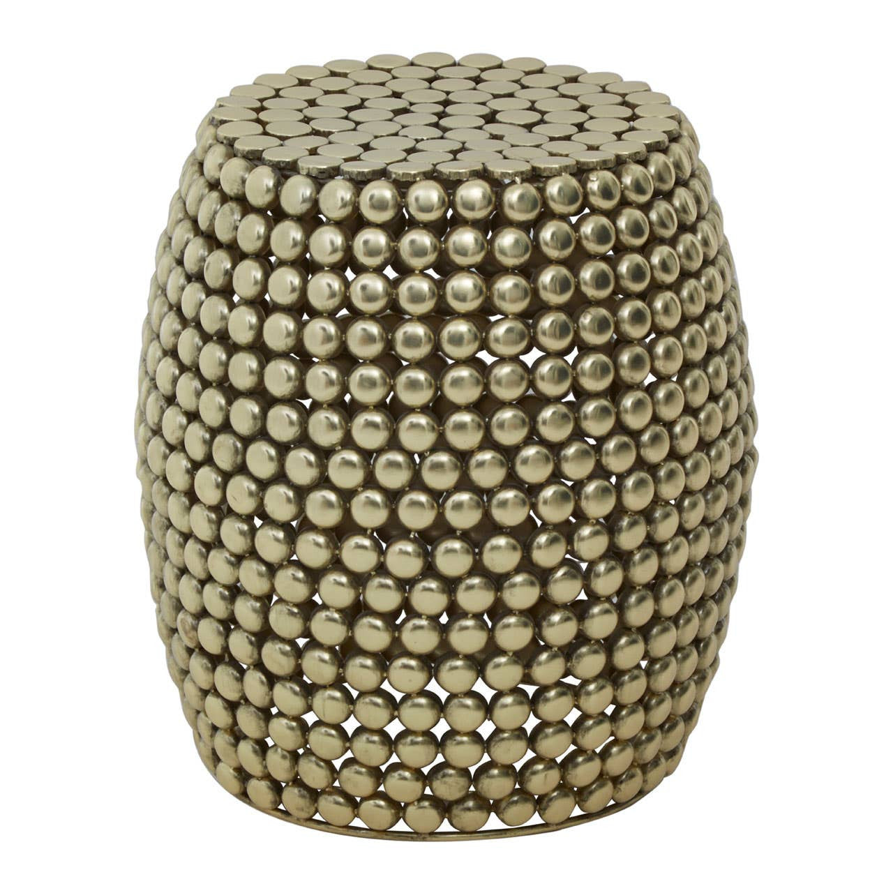 Gold finish stool and side table with a textured surface featuring a pattern of small, raised dots, creating a decorative and modern look. The piece has a cylindrical shape and is suitable for use as both a stool and a side table
