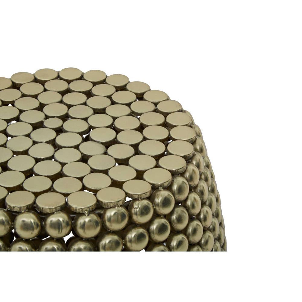 Gold-finished stool and side table featuring a textured surface made up of circular patterns, showcasing a modern and stylish design suitable for various home decor settings