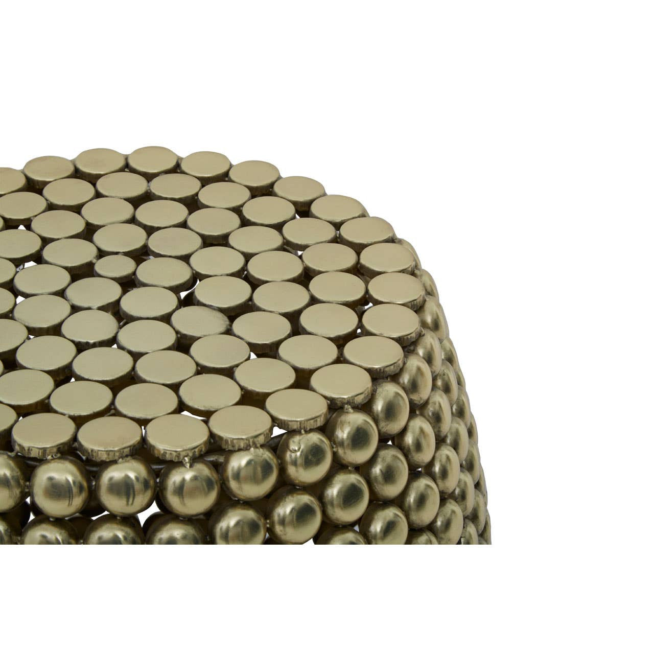Gold-finished stool and side table featuring a textured surface made up of circular patterns, showcasing a modern and stylish design suitable for various home decor settings