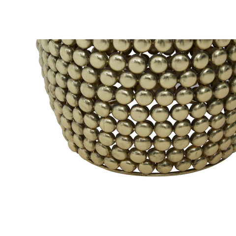 Gold finish stool and side table featuring a round, textured design made up of small, evenly spaced spheres. The surface has a shiny metallic appearance, reflecting light, and the overall shape is slightly curved at the top. The base is wider, providing stability