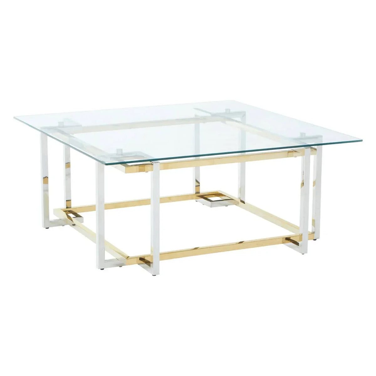 Square glass coffee table with gold and chrome metal base, modern design