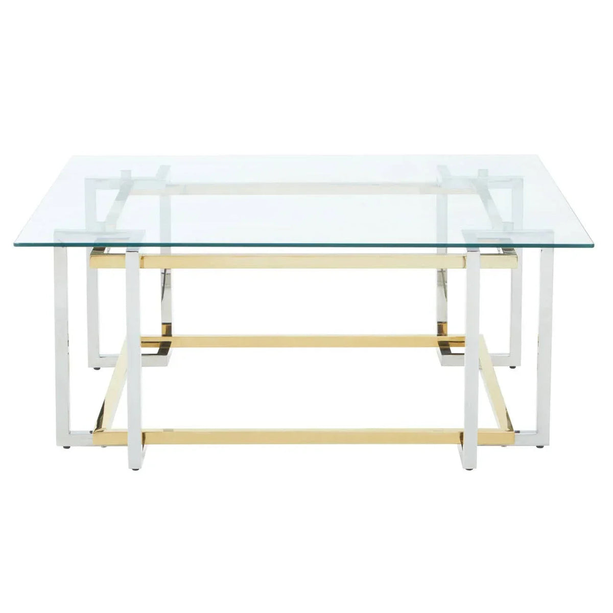 Glass-top coffee table with chrome and gold geometric frame, front view