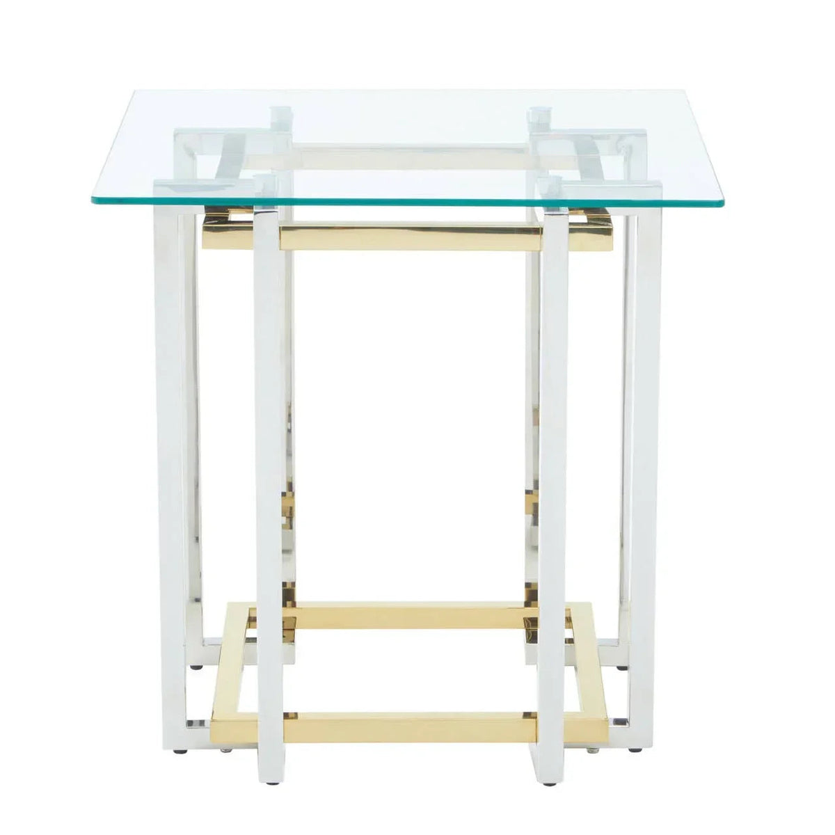 Glass-top side table with chrome and gold geometric metal frame, front view