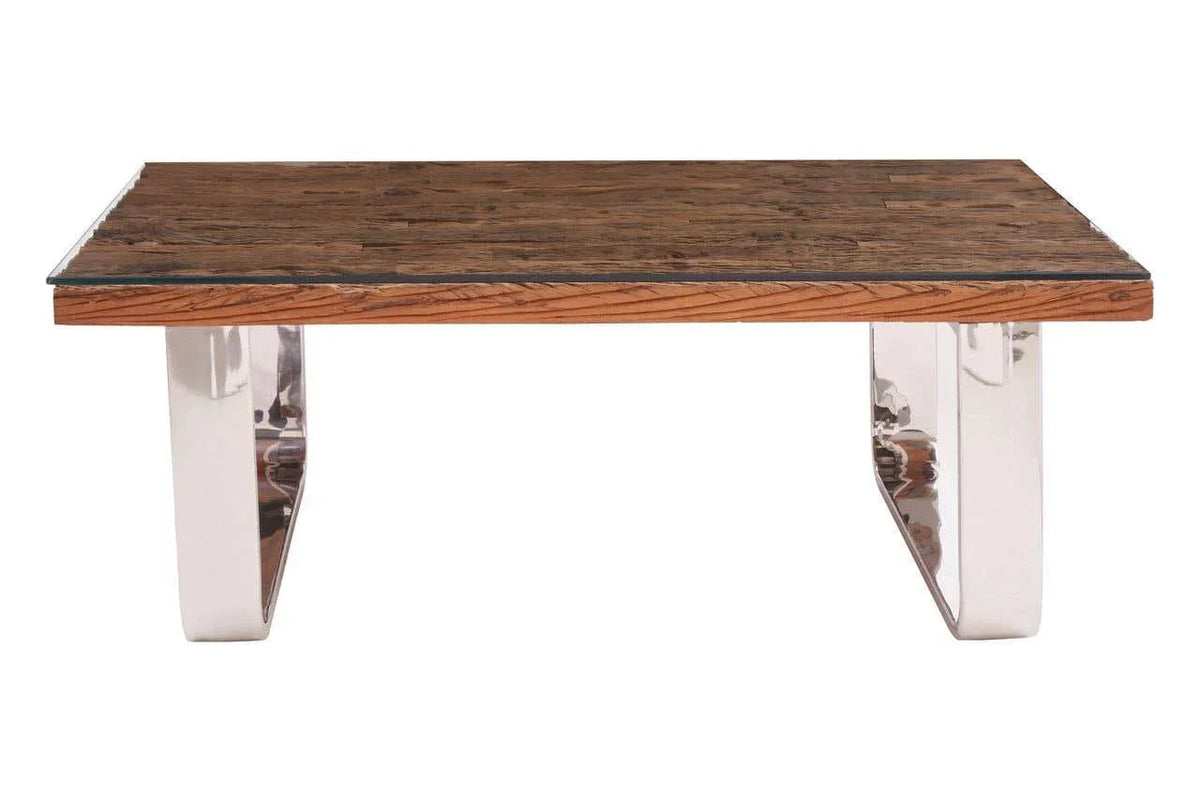 Rectangular coffee table with rustic wood top and chrome metal legs, front view