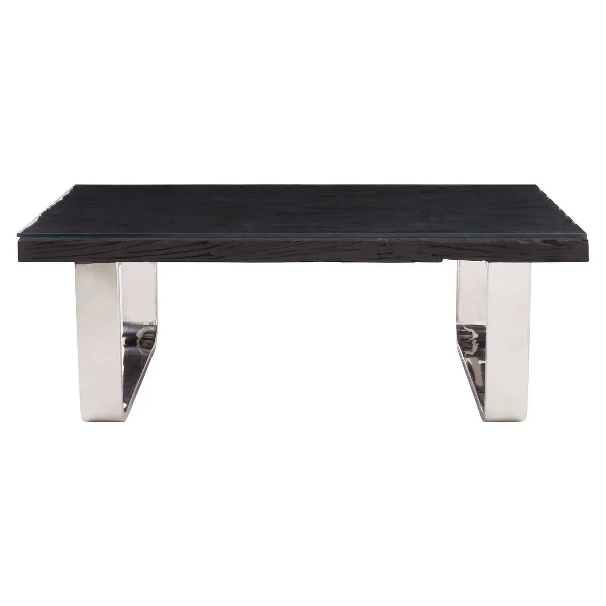 Black wood coffee table with chrome legs, front angle view