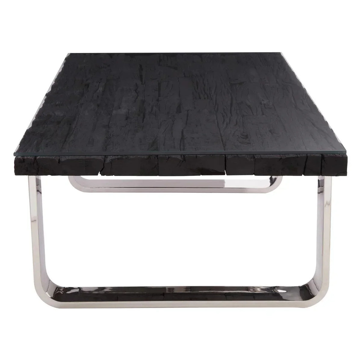Modern black wood coffee table with textured surface and chrome metal frame, front view