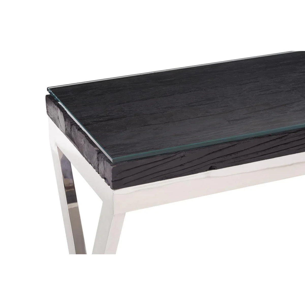 Glass top coffee table with black wood effect surface and chrome metal legs, corner view