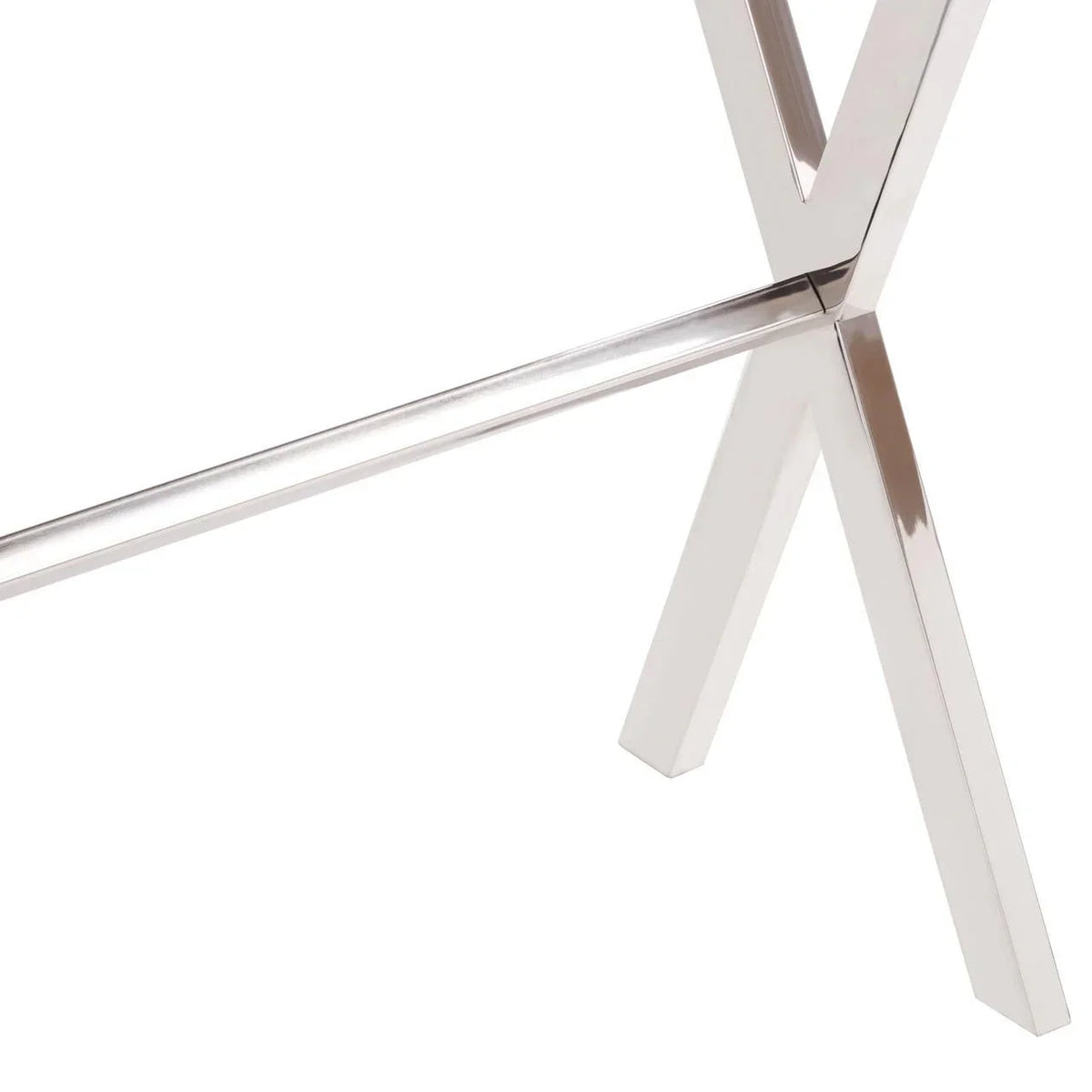 Polished chrome metal dining table legs with crossbar support detail