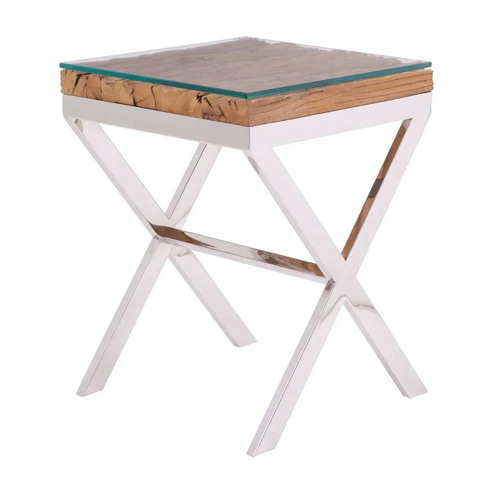 Square glass top side table with wood detail and chrome crossed legs