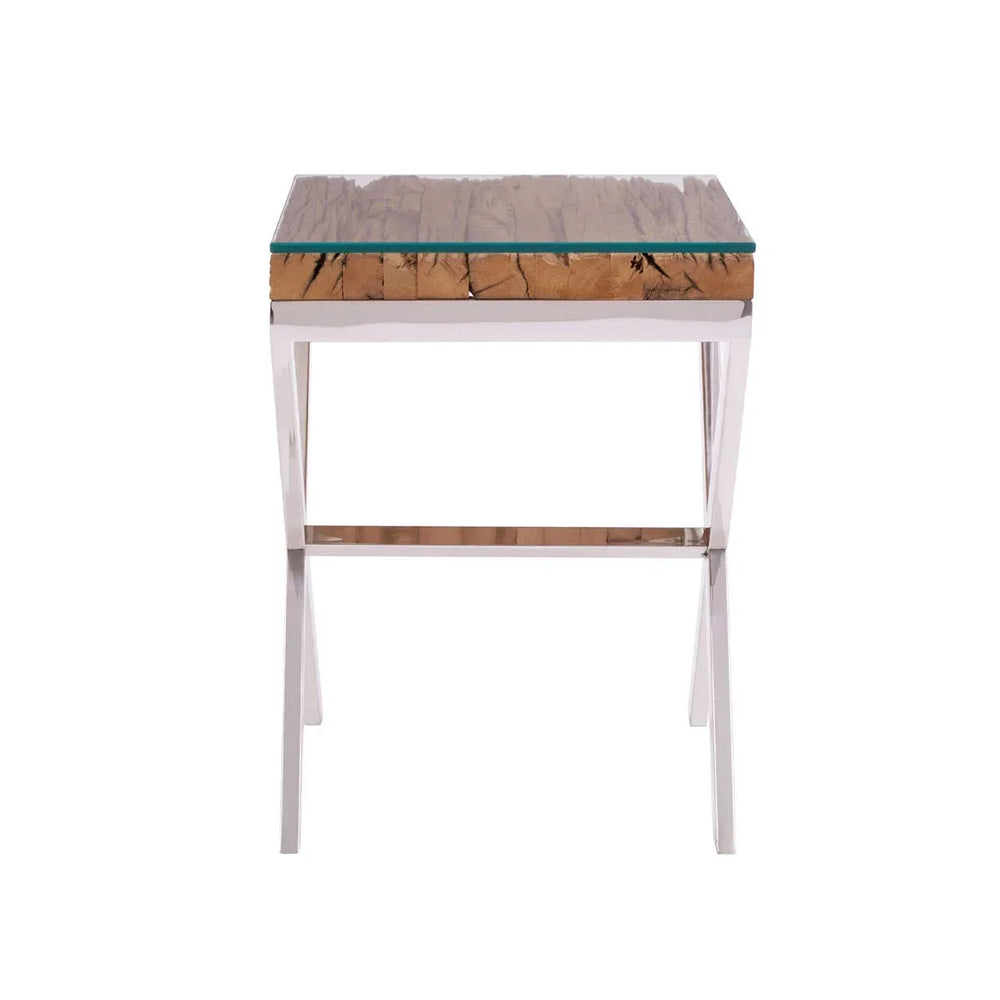 Glass top side table with natural wood detail and chrome metal legs, front view