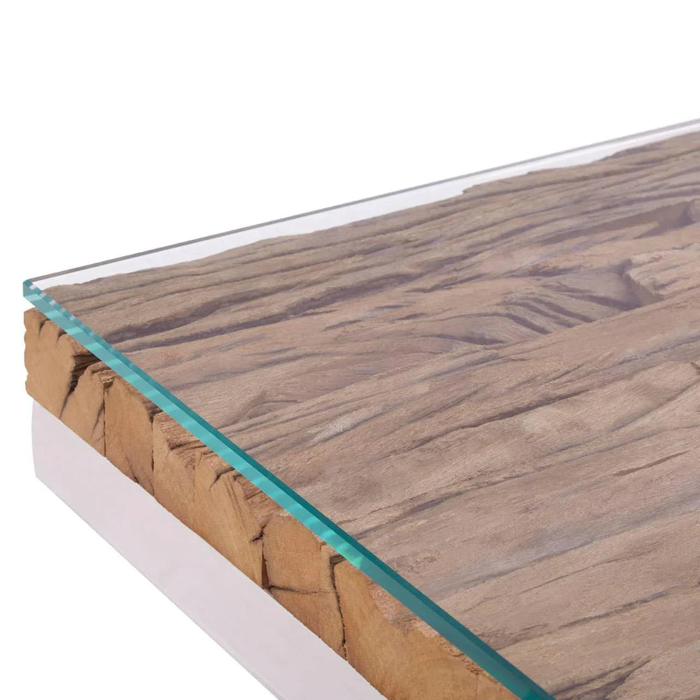 Wood coffee table with textured top and clear glass surface corner view