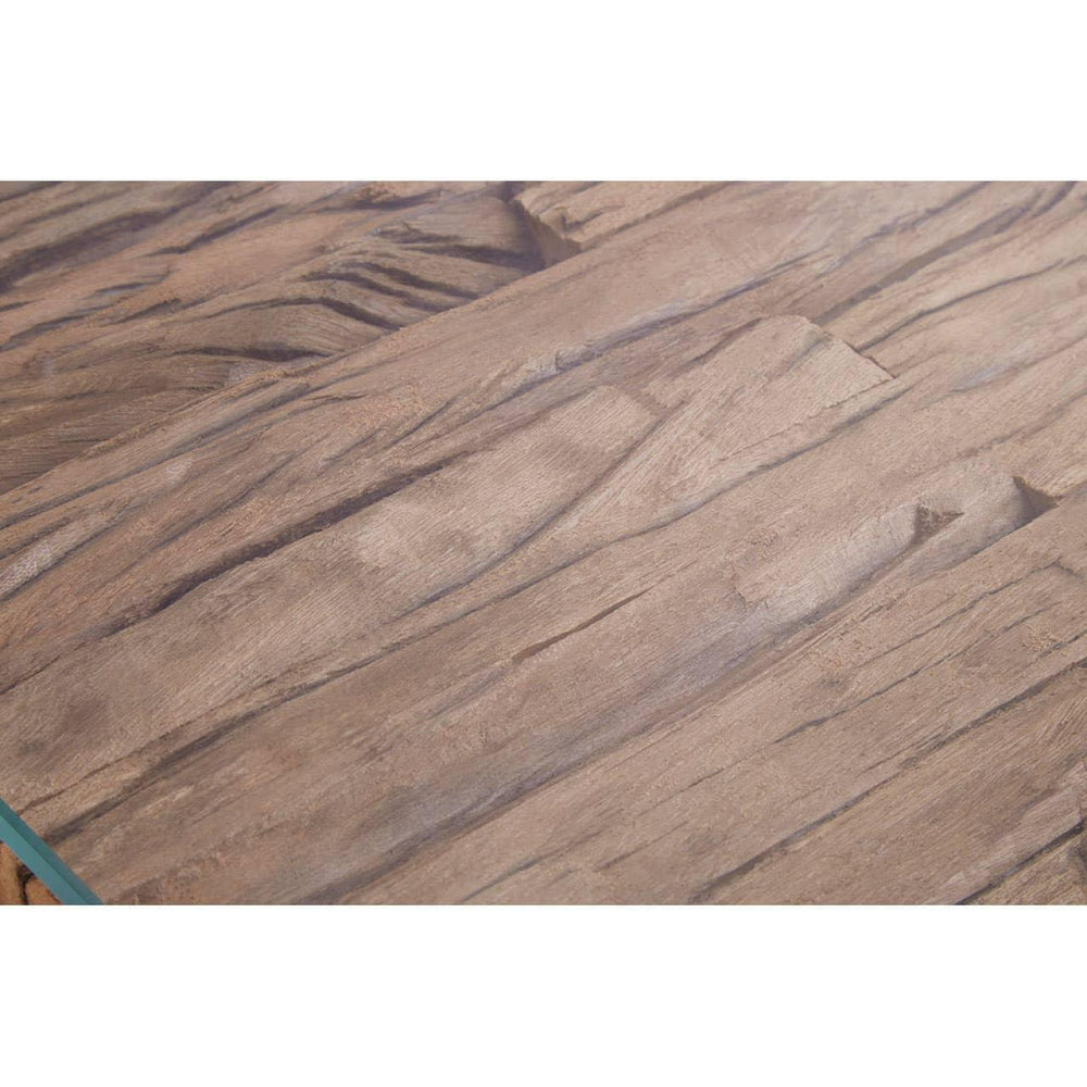 Close-up of rustic wood coffee table surface with textured natural grain detail