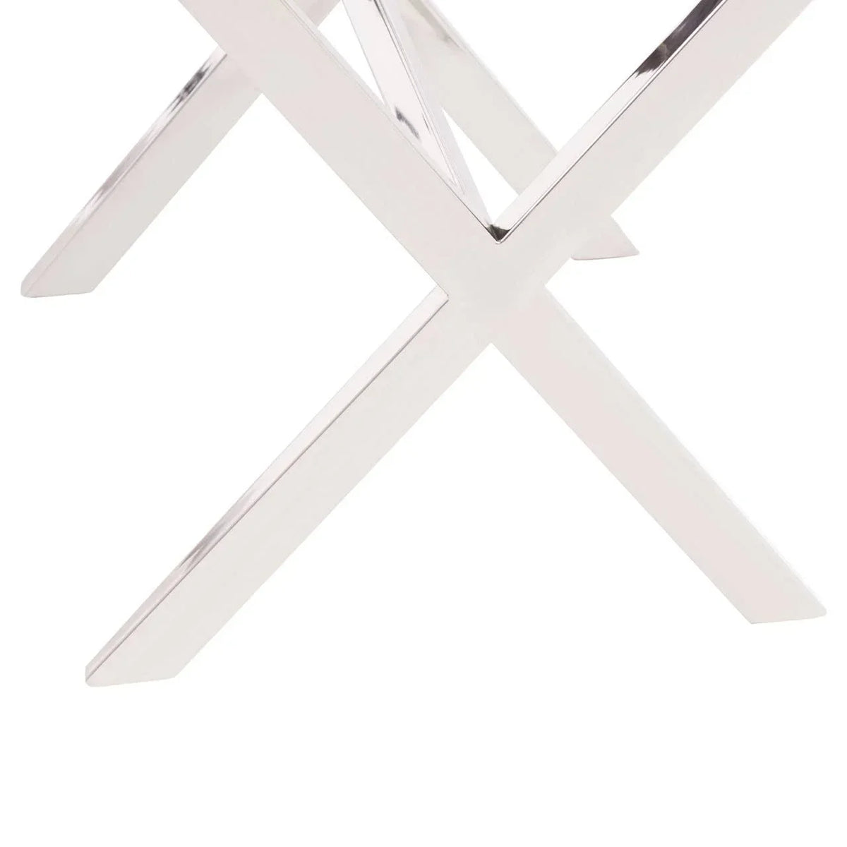 Chrome dining table leg with modern cross design on white background