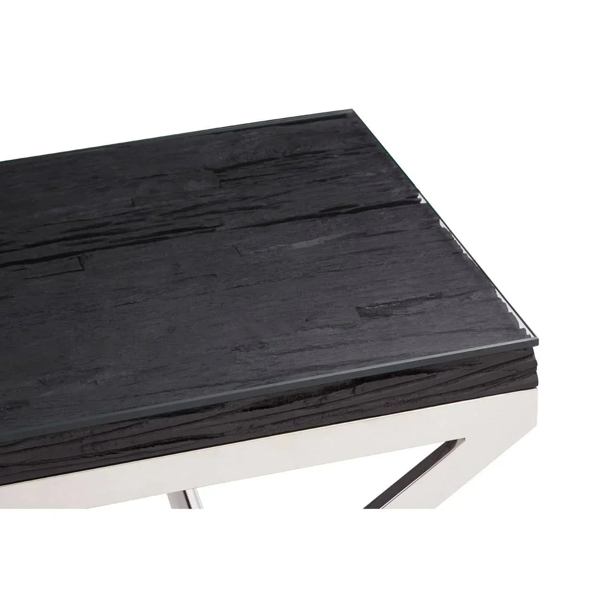 Close-up of black textured coffee table with glass top and chrome metal frame