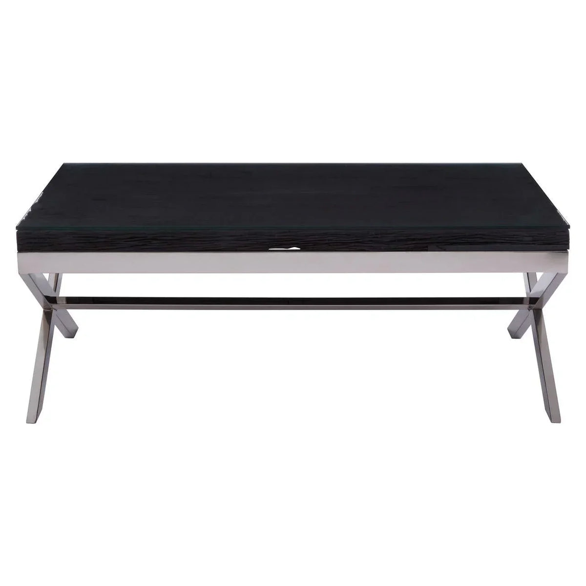 Black wood coffee table with chrome legs, rectangular shape, front view