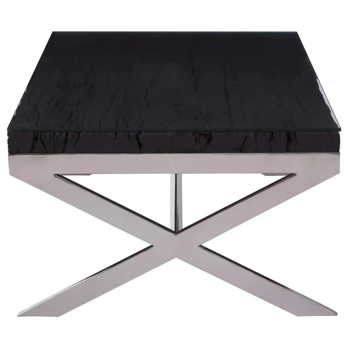Black wood coffee table with chrome X-shaped metal legs, front view