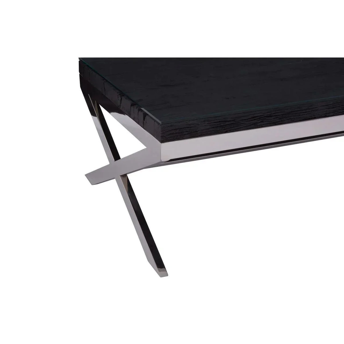 Contemporary dining table with black wood top and chrome crossed metal legs