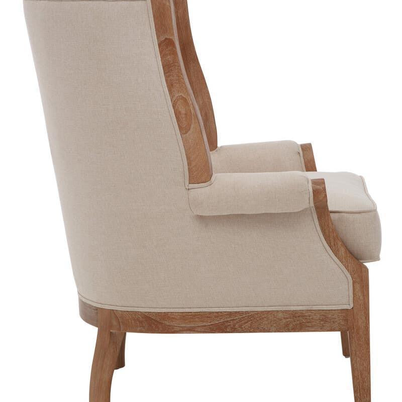 Side view beige armchair with wooden frame and upholstered seat