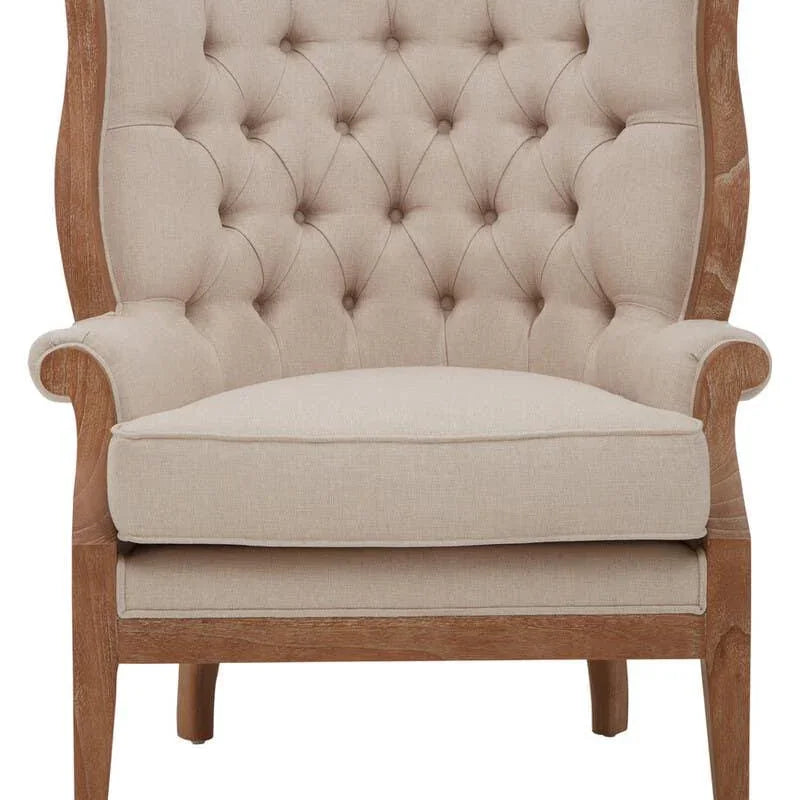 Beige upholstered armchair with button-tufted backrest and wooden frame, front view