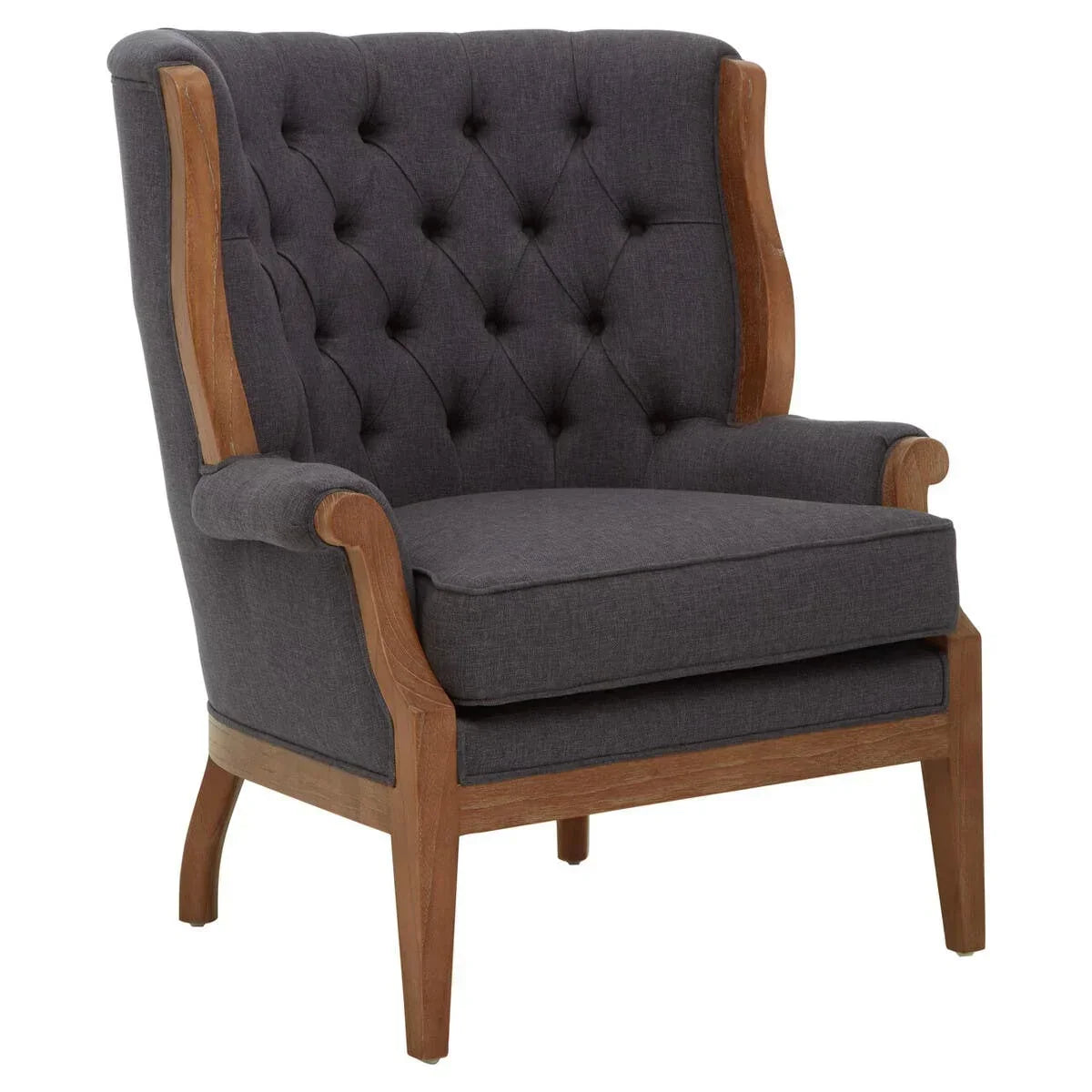 Dark grey fabric armchair with button-tufted back and wooden frame, front angle view