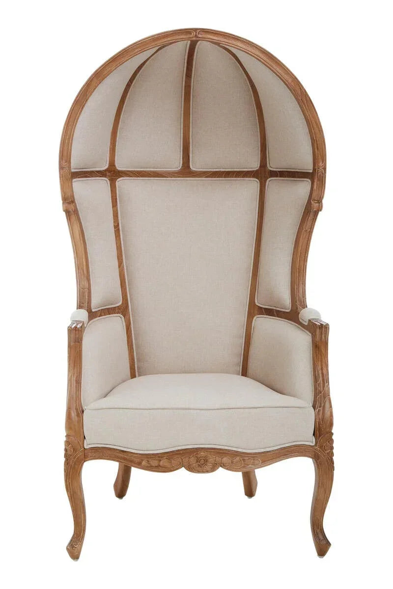 beige dome back armchair with natural wood frame and curved legs, front view
